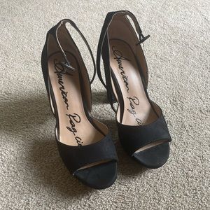 American Rag Women's Fabric Peep Toe Ankle Strap Pumps Black Size 7